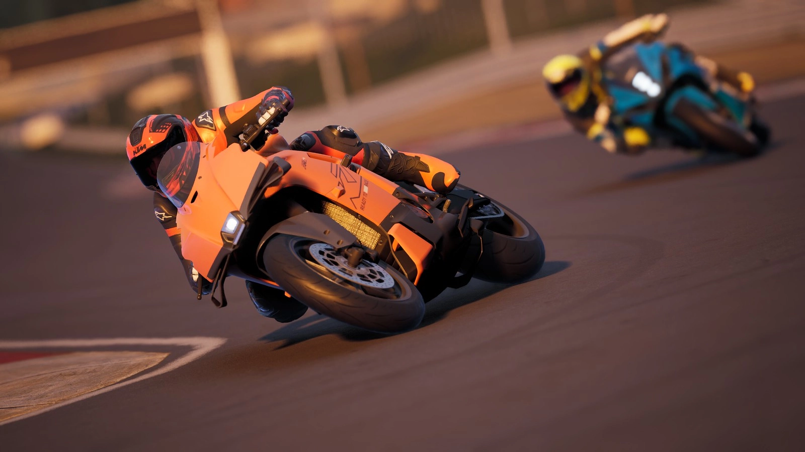 Two motorcyclists racing on a track, leaning into a curve, showcasing speed and precision in Ride 6