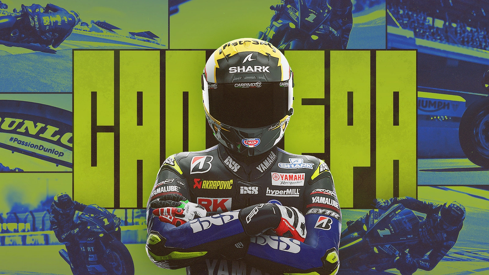 Motorcycle racer in full gear stands confidently with arms crossed, surrounded by dynamic racing scenes