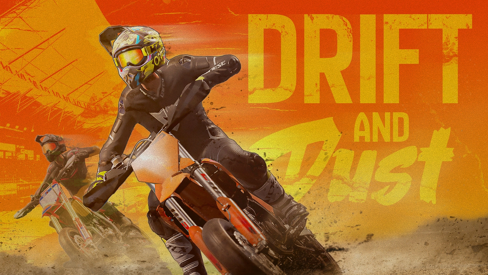 Two motorcyclists racing on dirt bikes with "Drift and Dust" text in bold, dynamic background