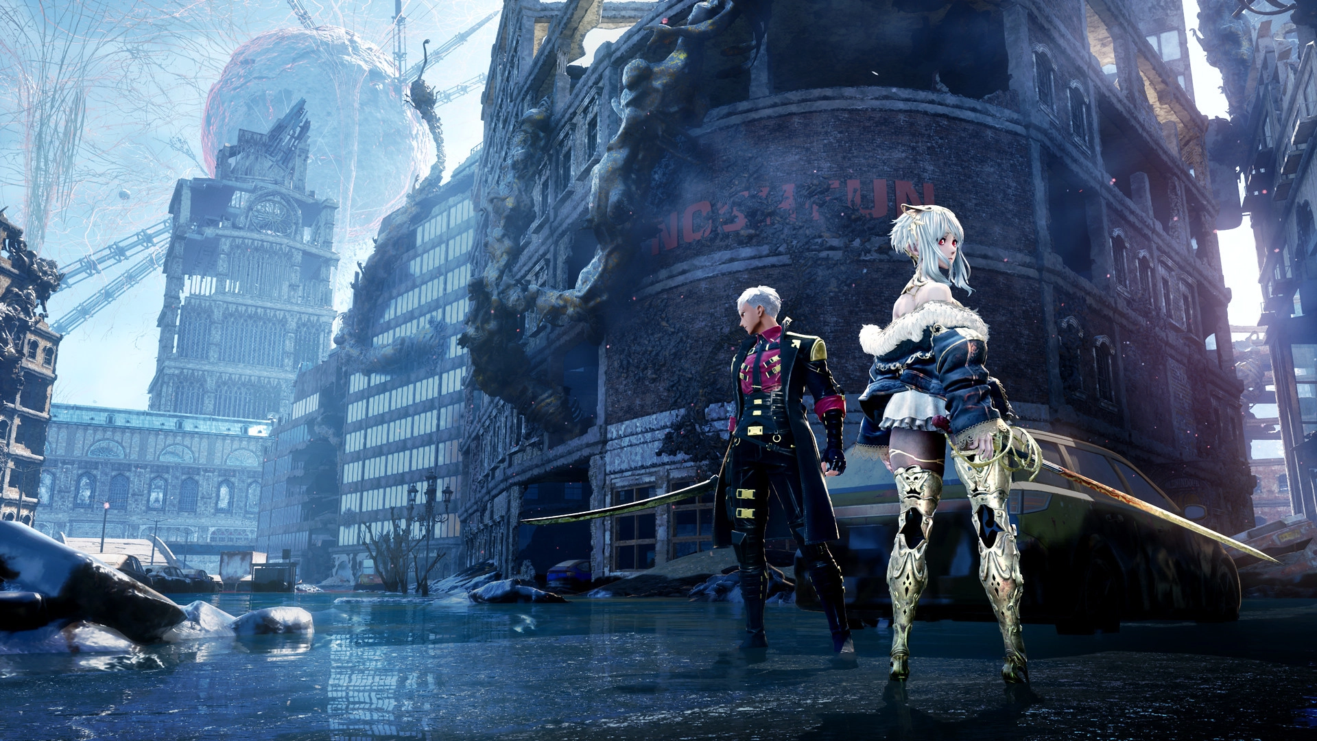 Code Vein II characters in a post-apocalyptic landscape, showcasing dramatic RPG action for PlayStation 5, launching Janua...