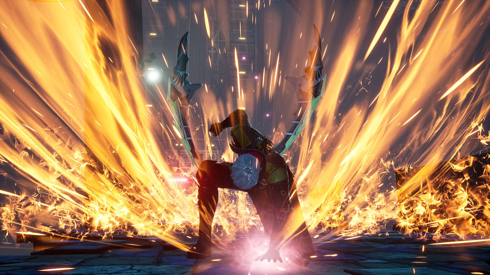 Action-packed scene from Code Vein II, showcasing intense combat and dramatic visuals in a post-apocalyptic setting.