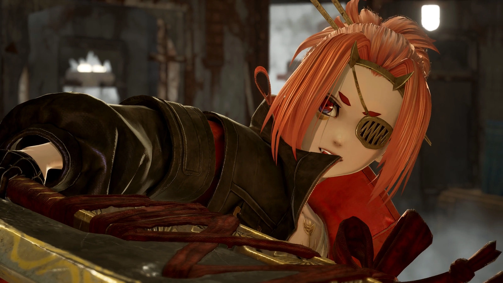 Code Vein II character with striking red hair and eyepatch, set for PS5 release on January 30 in post-apocalyptic world.