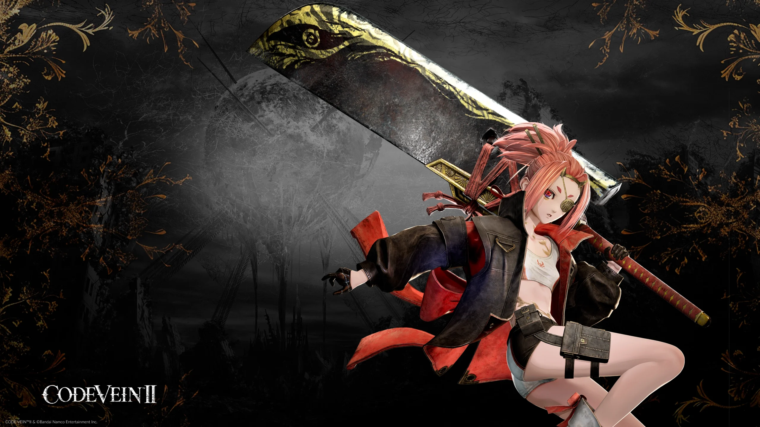 Anime character with pink hair and large sword in dynamic pose, set against a dark, ornate background