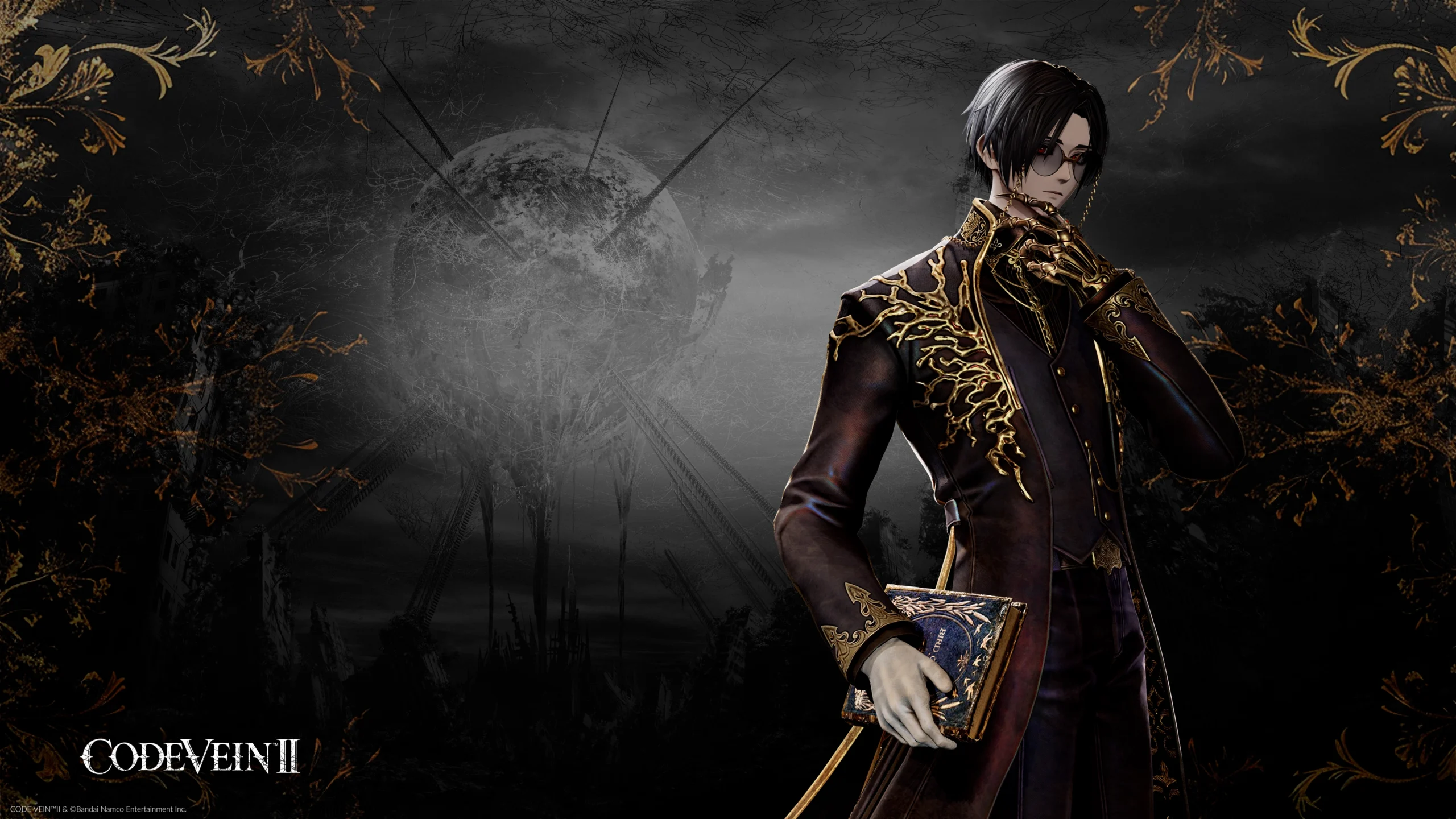 A dark-haired character in ornate clothing holds a book against a moody, sci-fi backdrop with CODE VEIN II logo
