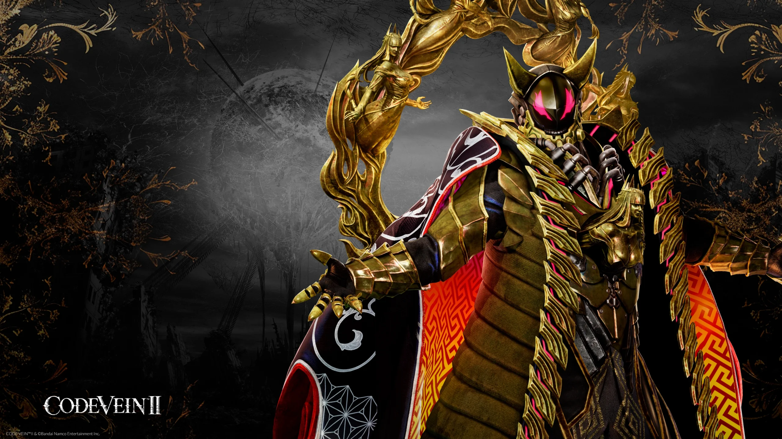 Golden armored character from CODE VEIN II, standing confidently with a dark, mystical background