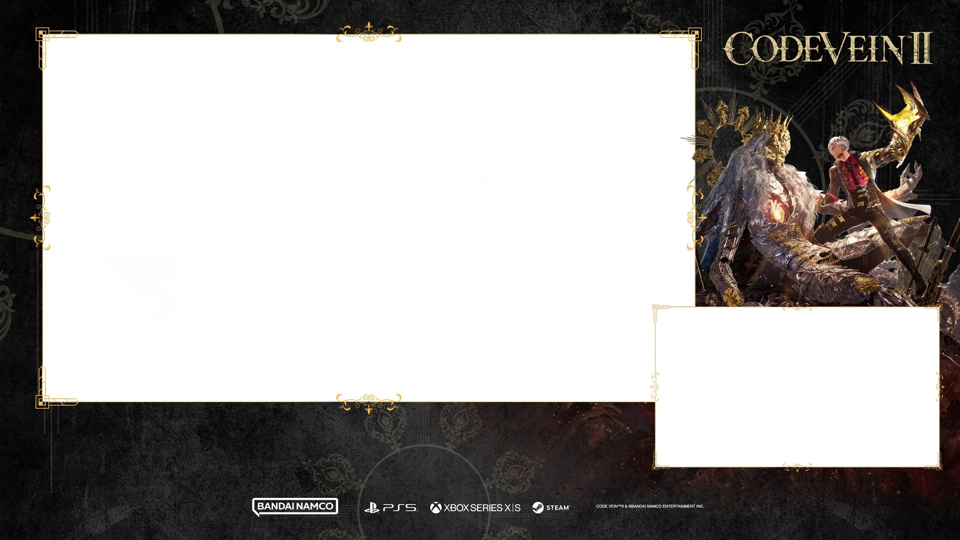Twitch overlay featuring a CODE VEIN II character in a dramatic pose, ready for customization