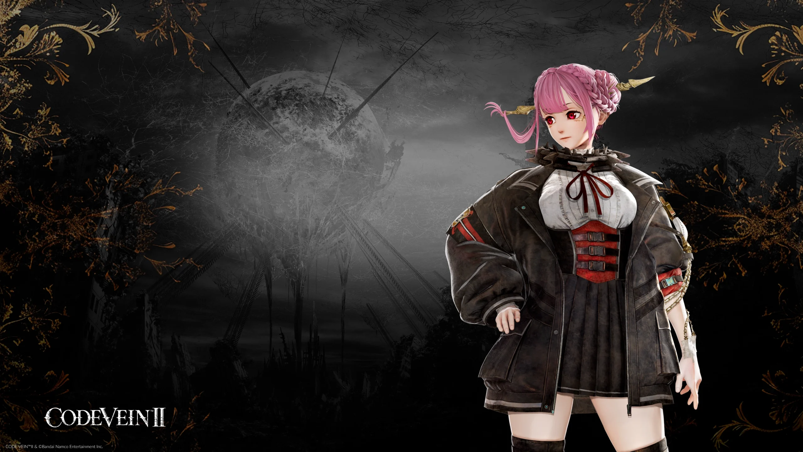 A pink-haired anime character in a dark outfit stands against a sci-fi backdrop with ornate details