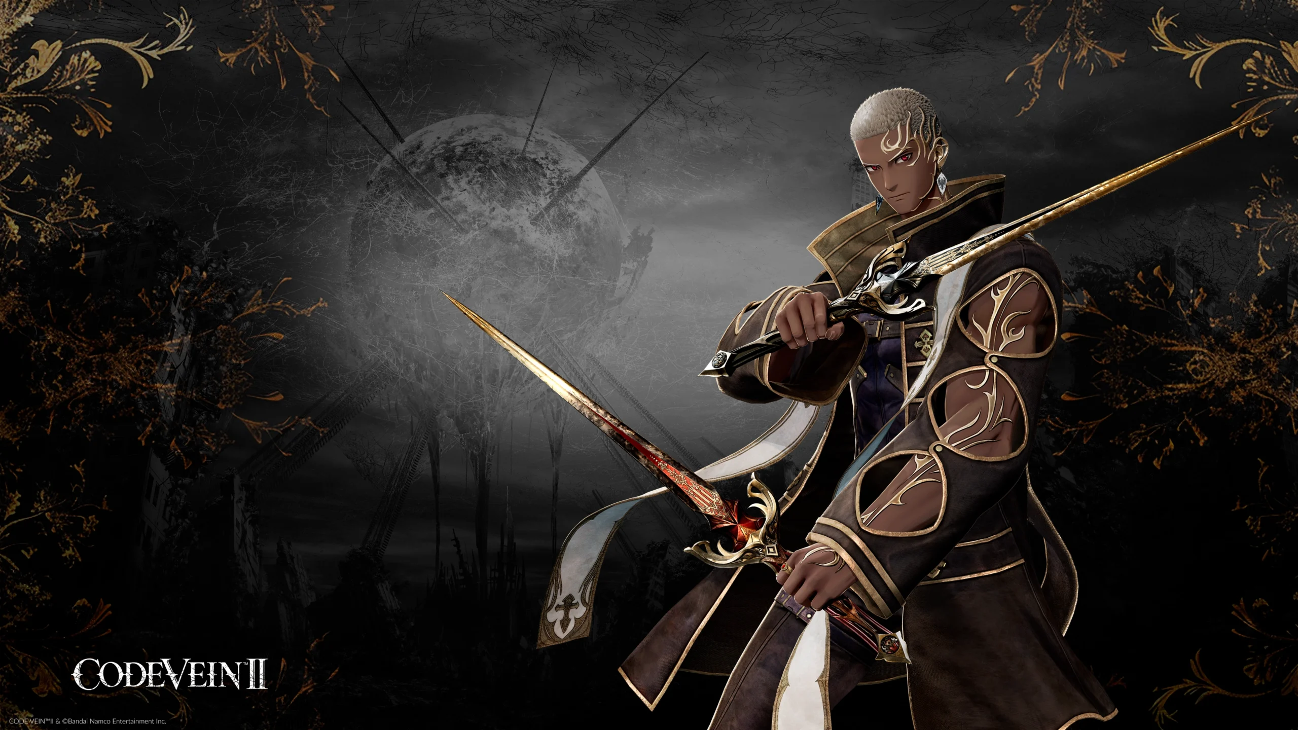 A character from CODE VEIN II holding dual swords, set against a dark, mysterious background