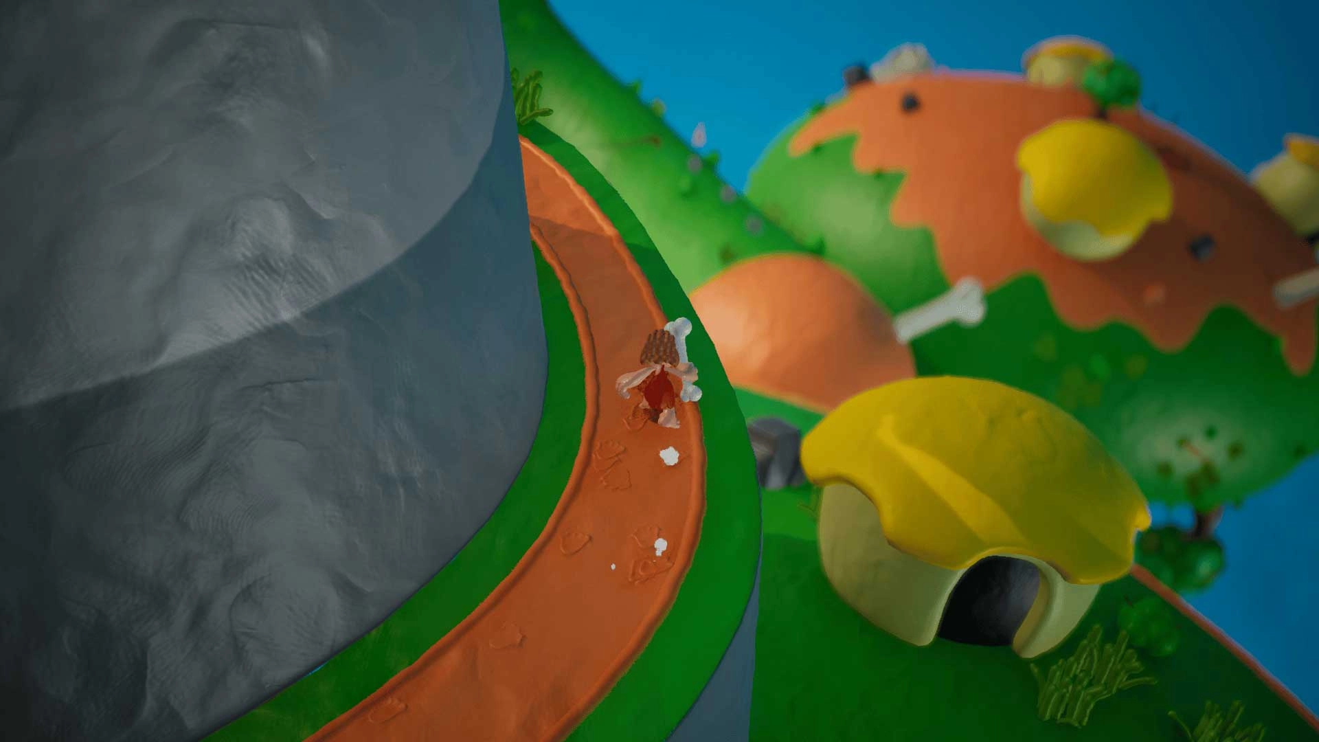 Caveman character exploring colorful, play-dough-style planetoid with multi-gravity environment