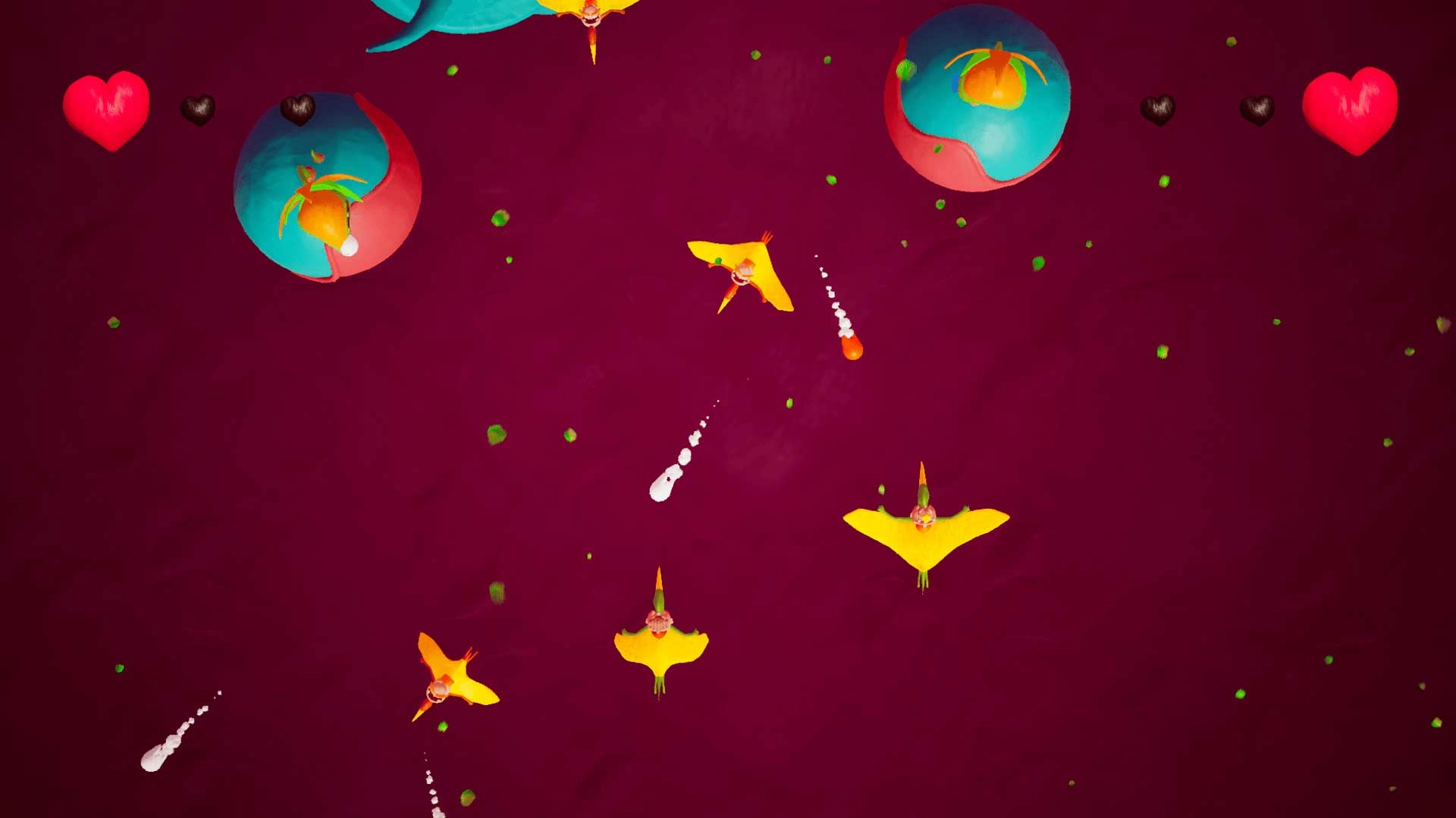 Colorful play-dough planets and flying creatures in a multi-gravity environment from an open-world game