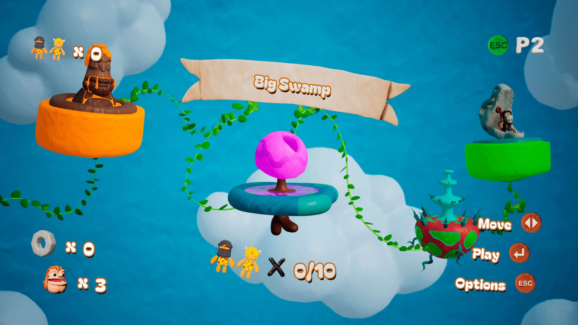 Colorful game menu with floating islands and characters in a play-dough universe, titled "Big Swamp