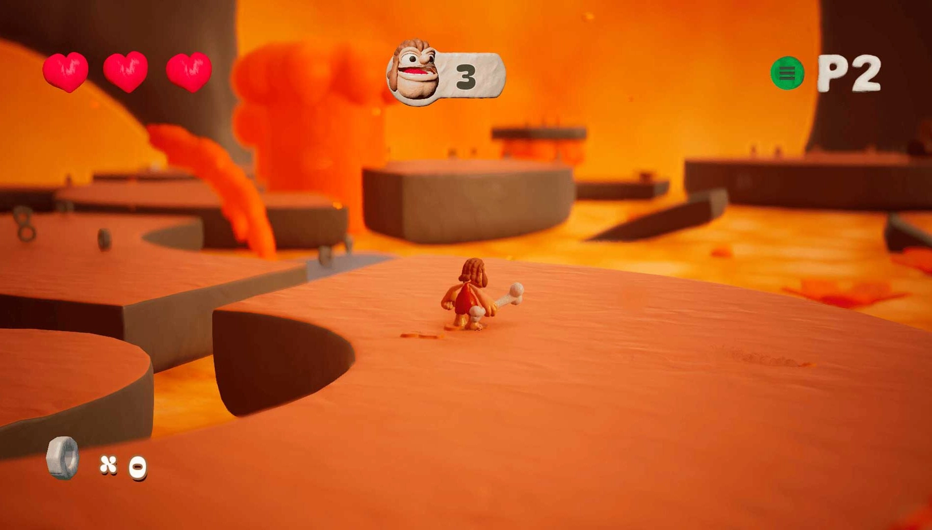 Caveman character explores vibrant, play-dough world with floating platforms and lava, ready for adventure