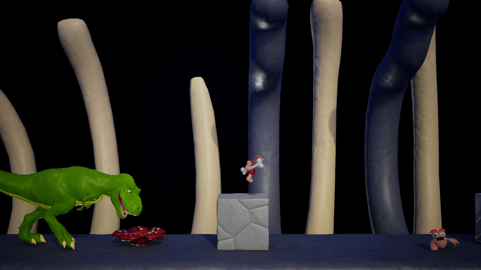 Caveman jumps on stone platform as green dinosaur approaches, set in a play-dough world with tall structures