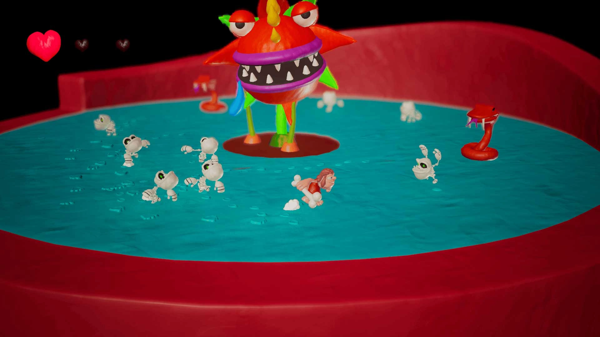 Colorful monster in play-dough arena with caveman and skeletons, set in a multi-gravity platformer game