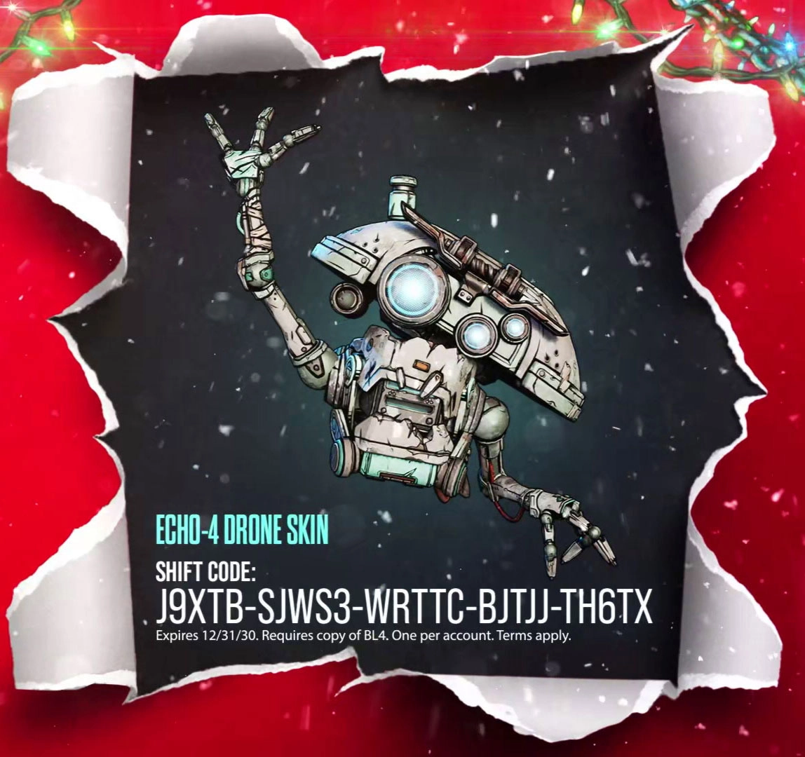 ECHO-4 Drone Skin with SHiFT code on a festive red background, part of Borderlands 4 holiday rewards
