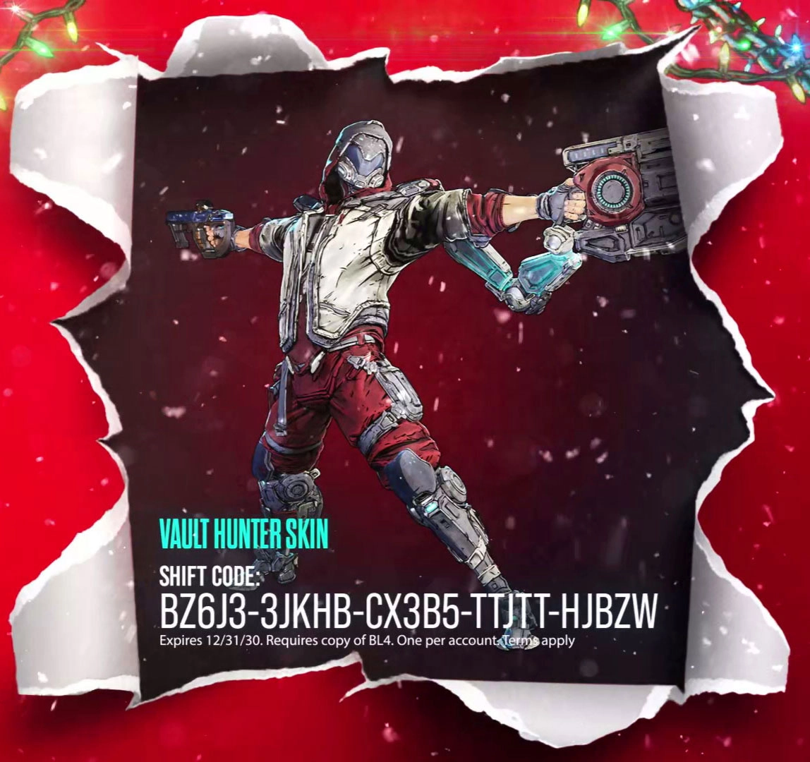 Vault Hunter in red and white armor holding a weapon, surrounded by a festive torn paper design