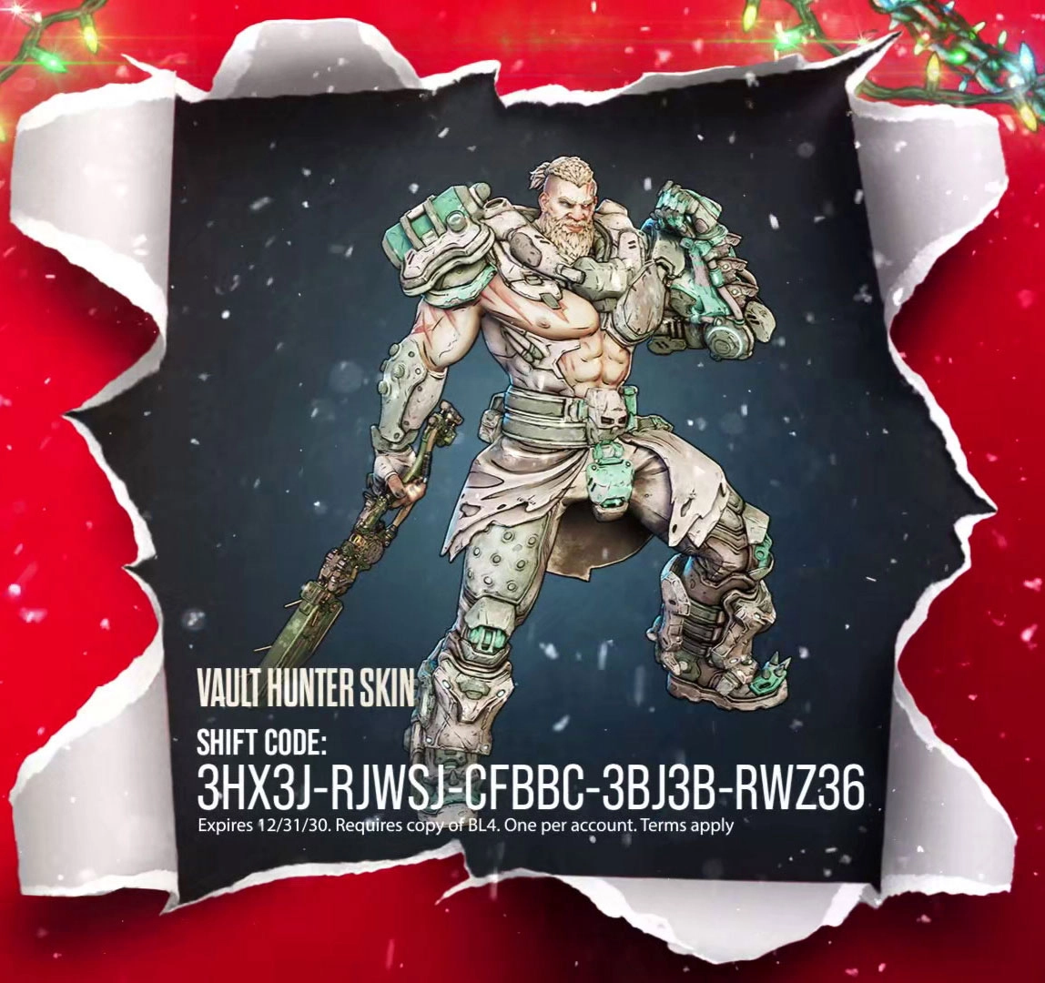 Vault Hunter in winter-themed armor with a mechanical arm, featured on a festive red background with snowflakes