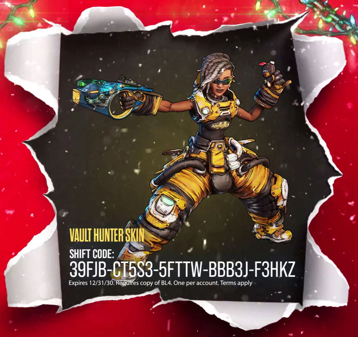 Vault Hunter in yellow armor holding a futuristic weapon, surrounded by festive red and green decorations