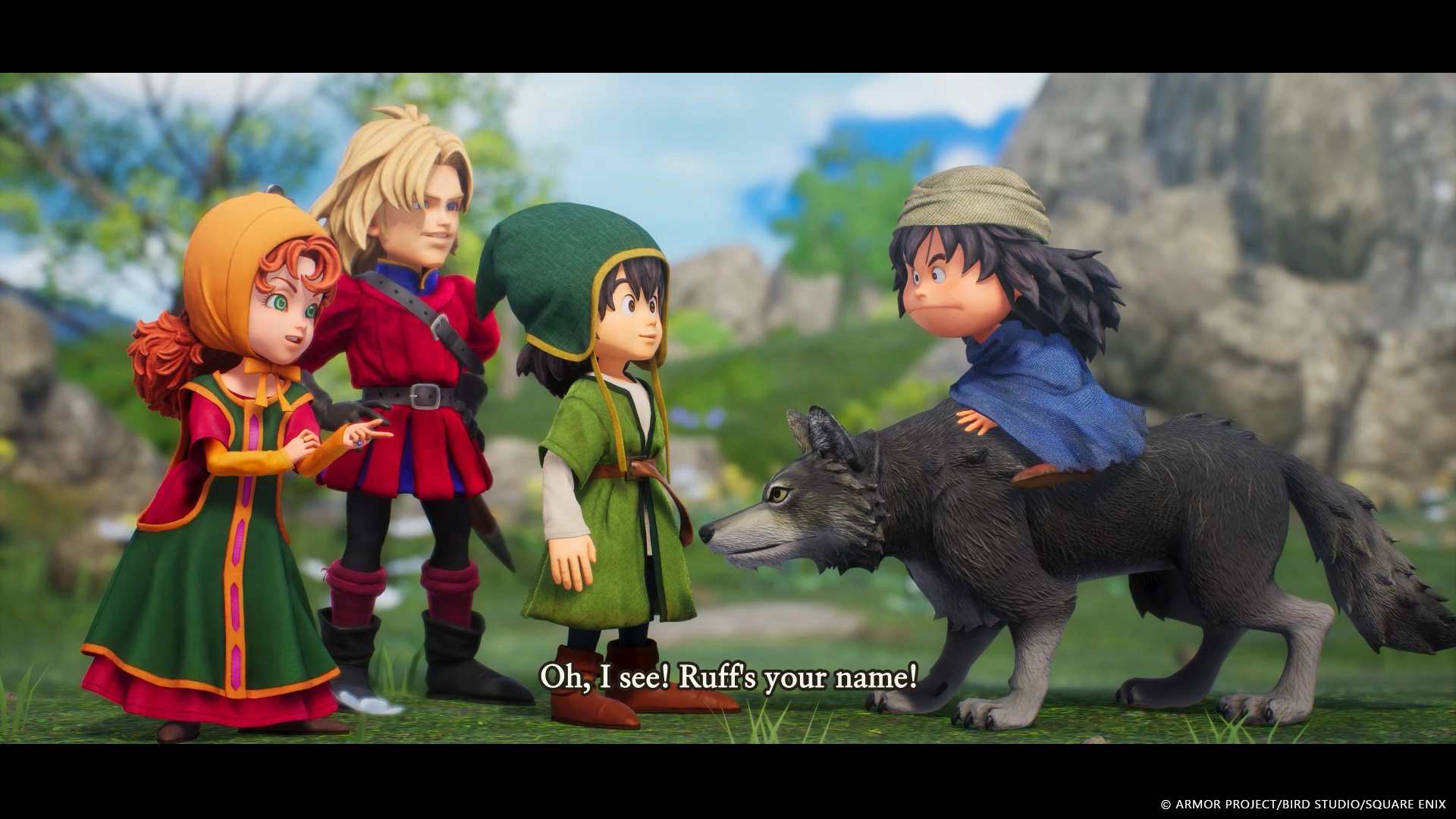 Four characters in colorful outfits interact with a boy riding a wolf in a scenic, grassy landscape