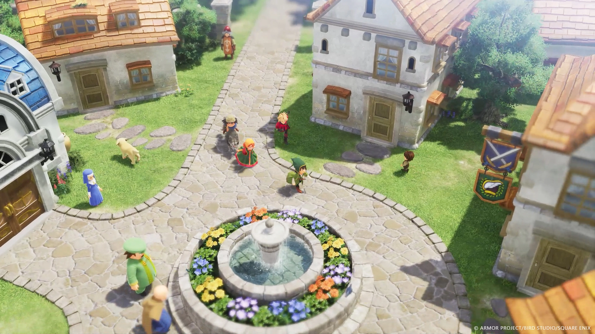 A vibrant village scene from Dragon Quest VII Reimagined, showcasing 3D diorama visuals and characters