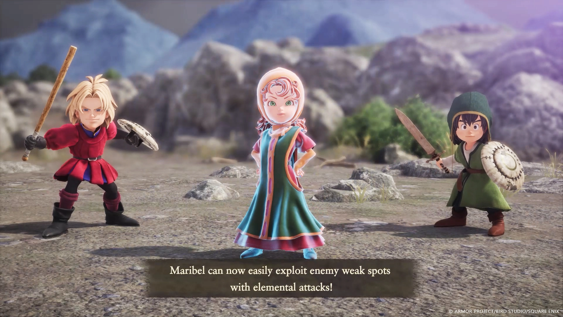 Three characters in fantasy attire stand ready for battle on a rocky terrain, showcasing 3D diorama visuals