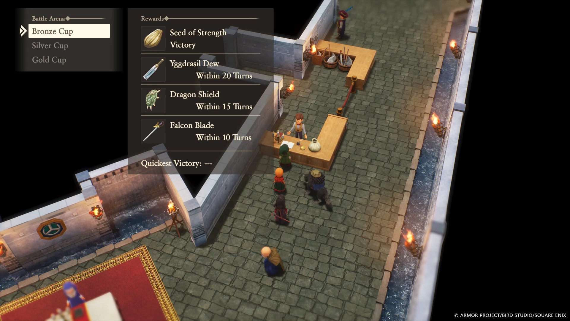 Characters in a medieval castle setting, engaging in a strategic battle menu from Dragon Quest VII Reimagined