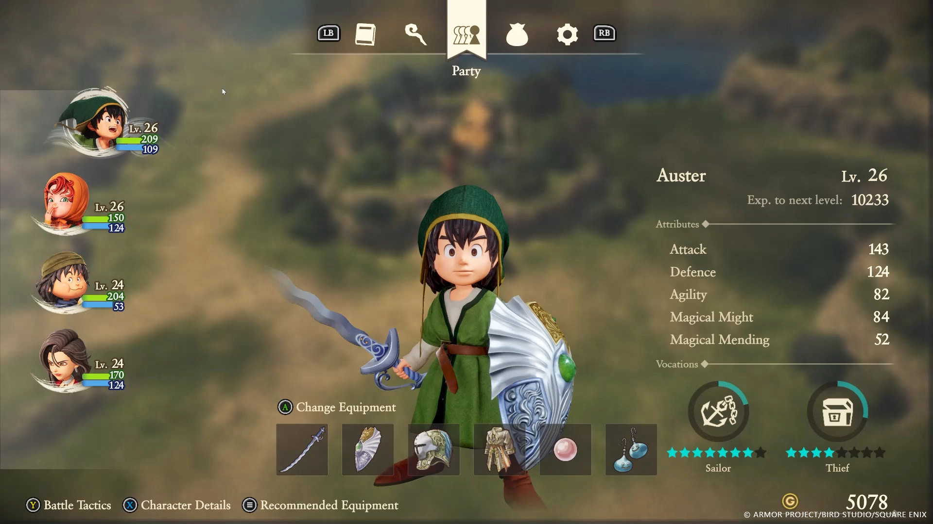 A character in green attire with a sword and shield stands in a menu screen from Dragon Quest VII Reimagined