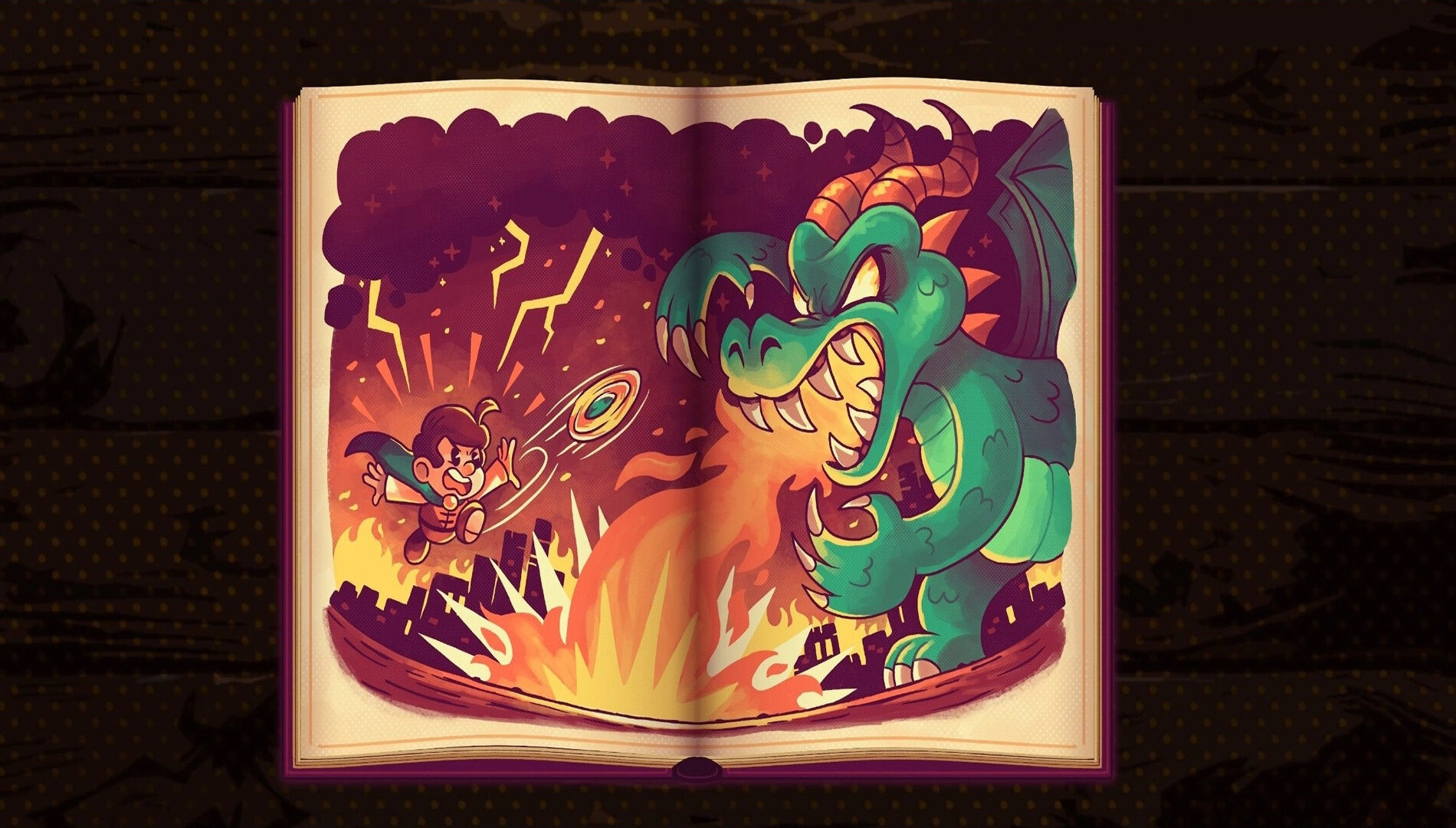 A storybook illustration of a hero battling a dragon with a shield, surrounded by flames and lightning