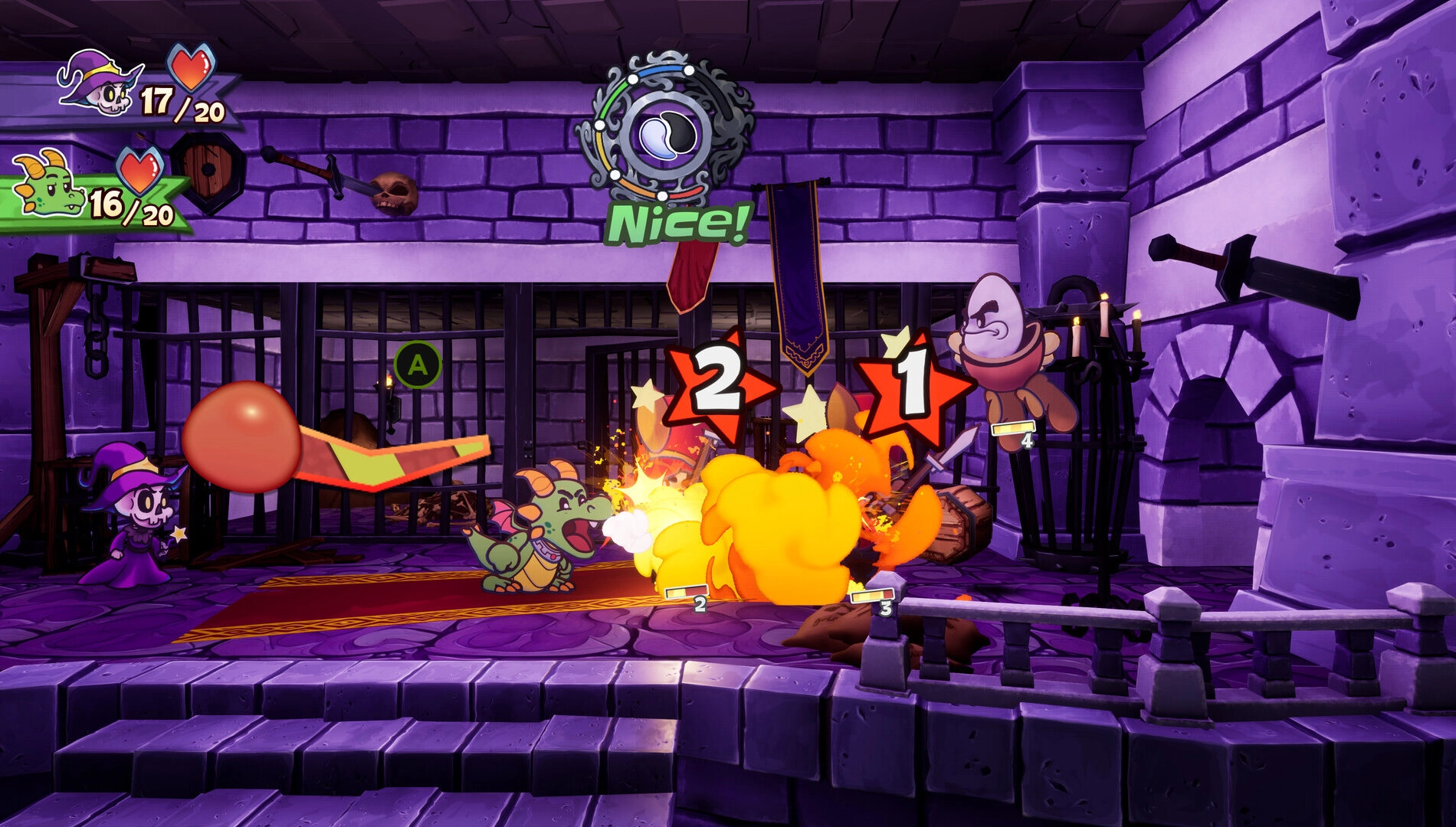 Flynt Buckler battles a green creature in a purple-hued castle corridor, showcasing turn-based combat elements