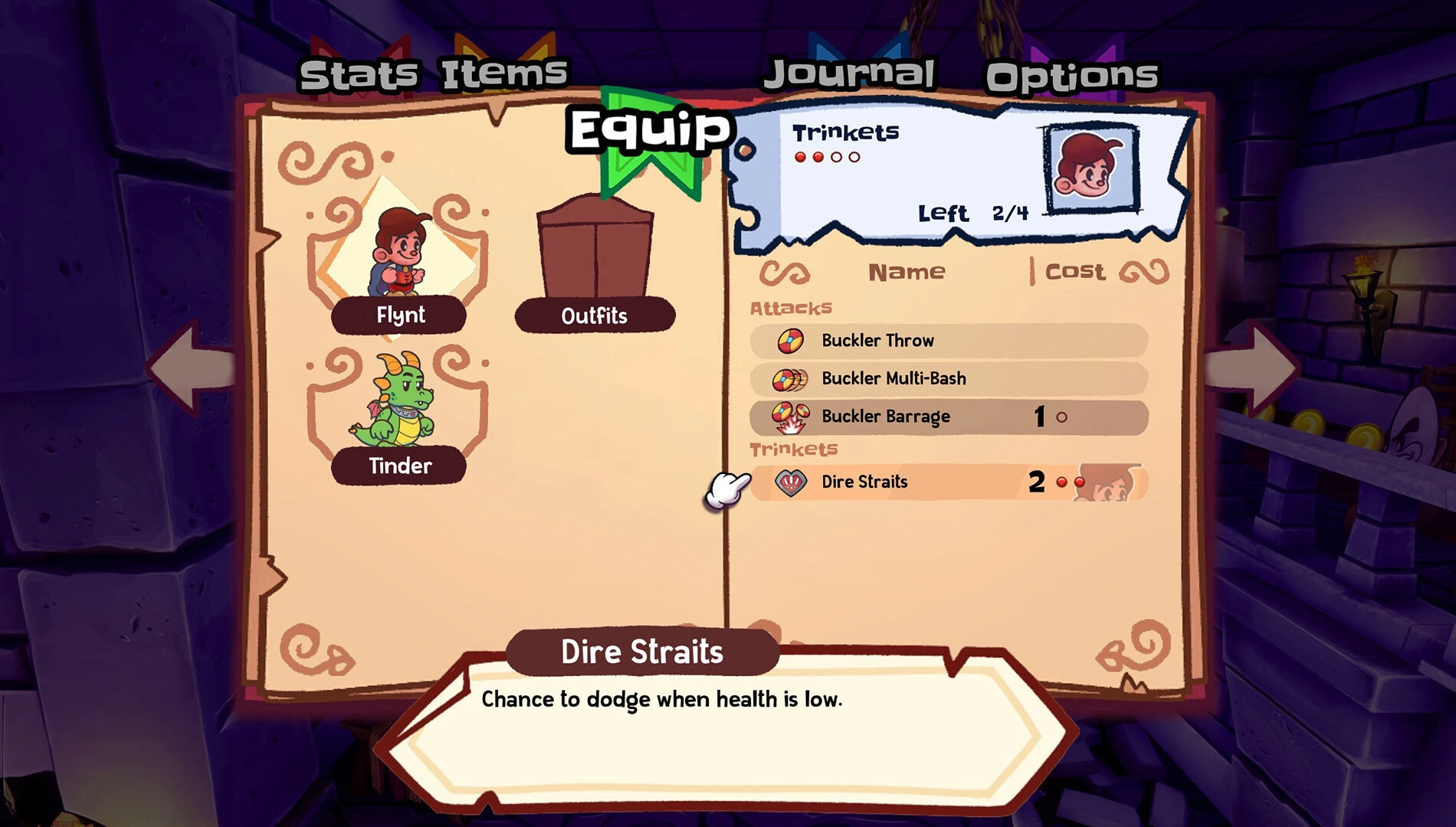 Game menu screen showing character Flynt and dragon Tinder with outfit and attack options in RPG style