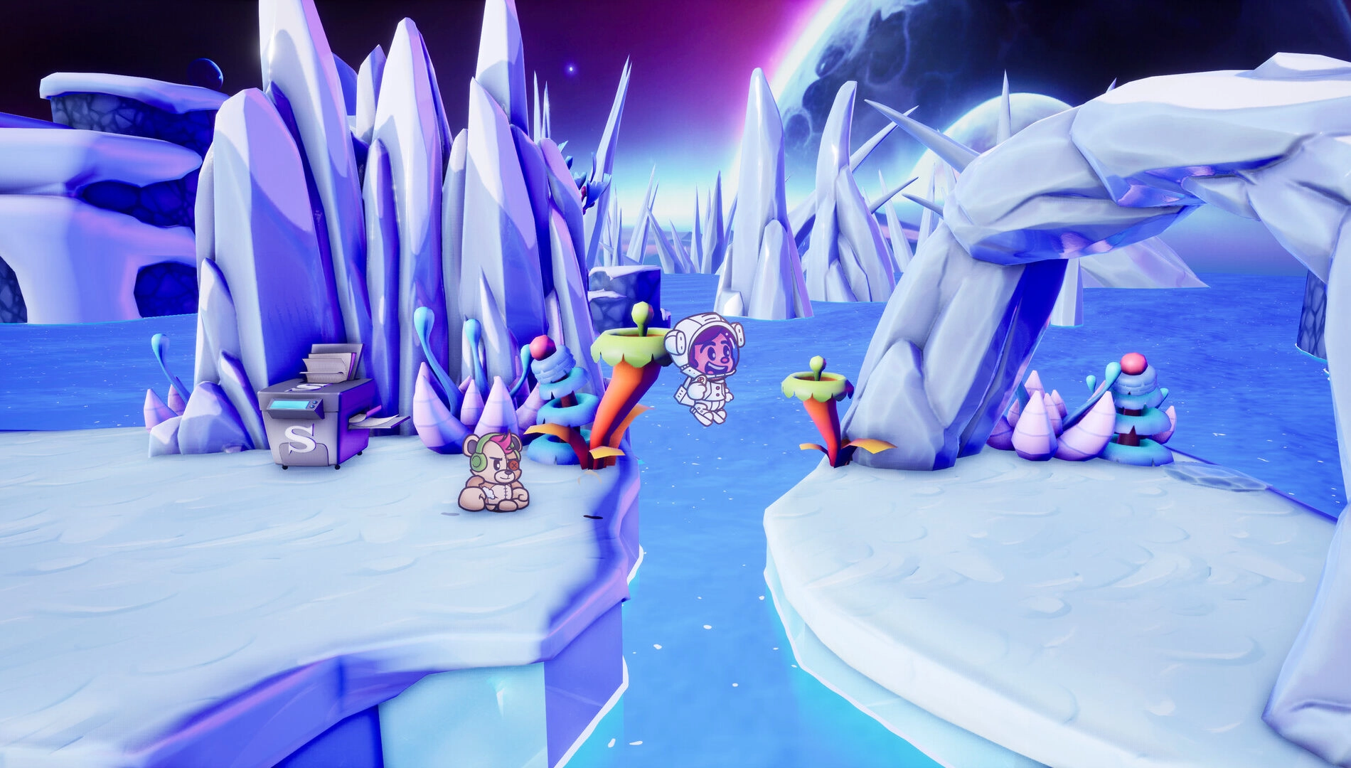 A cartoon character in a spacesuit jumps over icy platforms in a colorful, fantastical landscape
