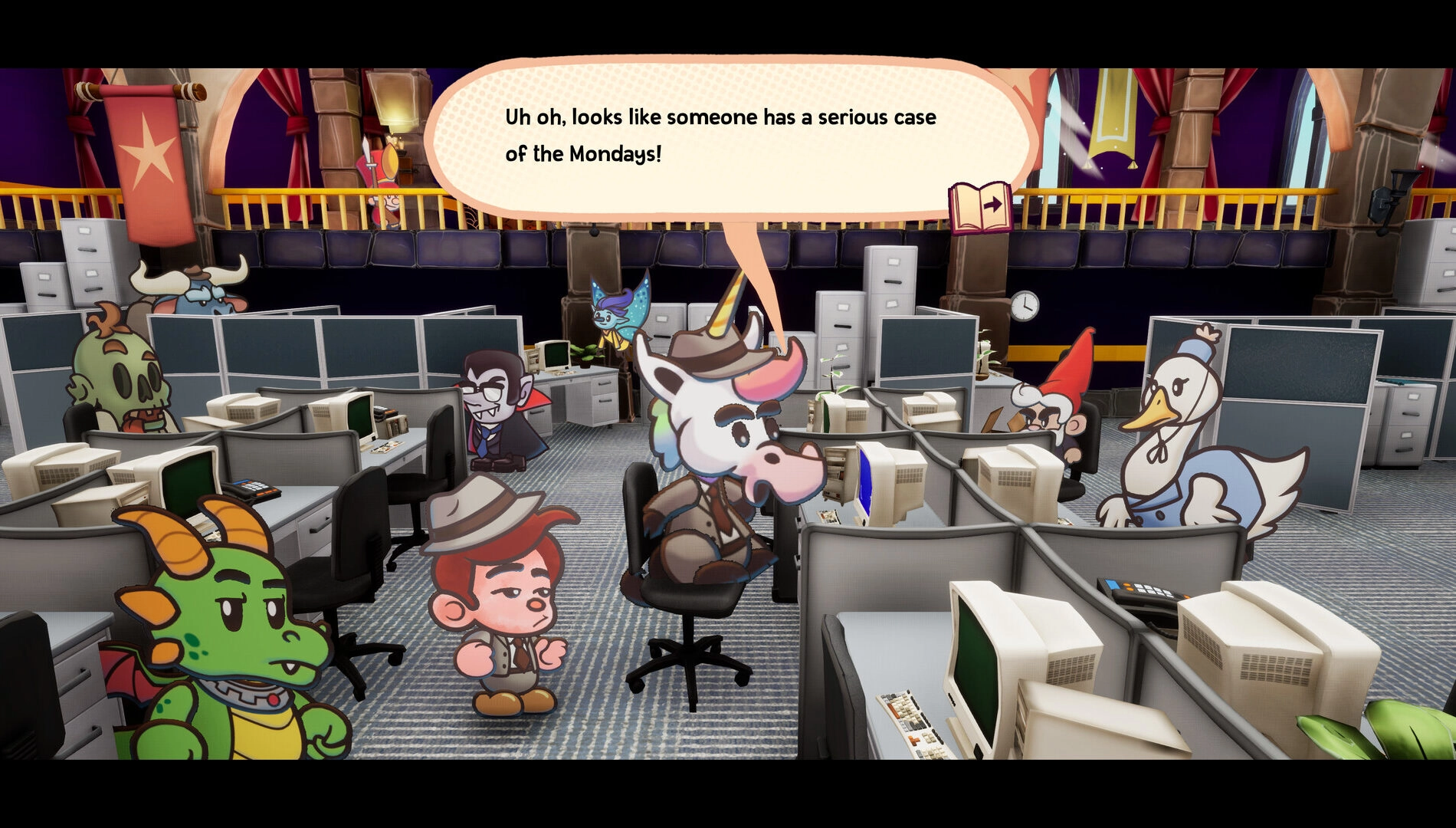 Cartoon characters in an office setting with cubicles, including a dragon and a unicorn, discussing work