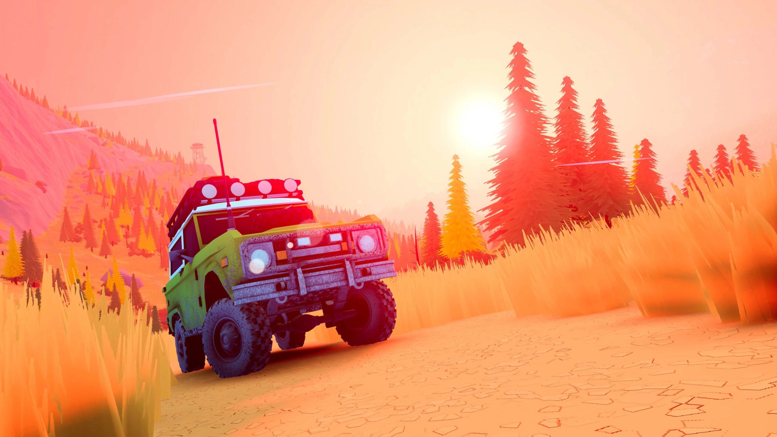 A classic off-road vehicle navigates a sunlit, rugged terrain with tall trees and a vibrant sky