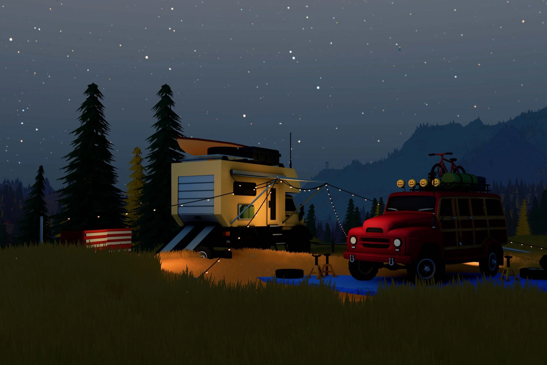 Camping scene with a yellow camper and red van under starry sky, surrounded by pine trees and mountains