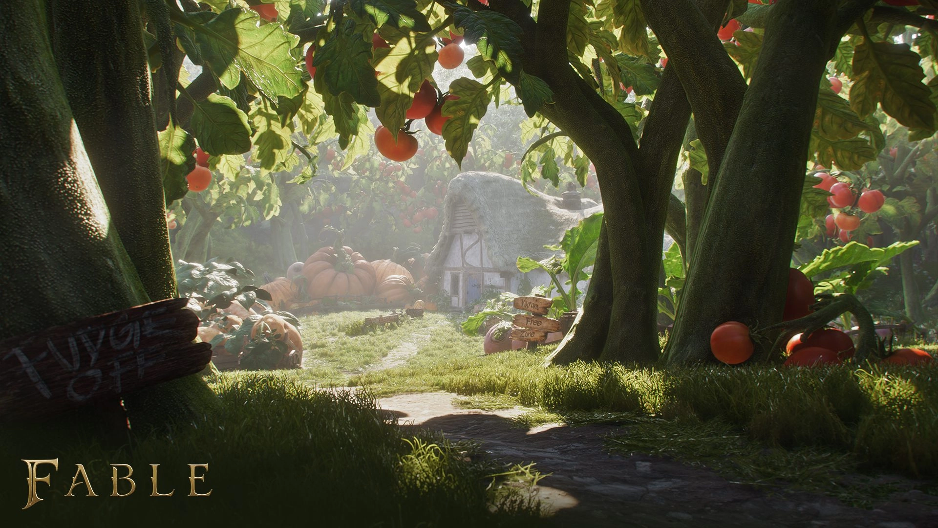 Lush fairytale forest path leading to a quaint cottage, surrounded by oversized pumpkins and tomatoes