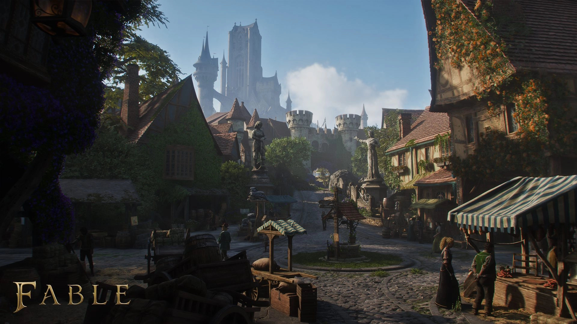 A bustling medieval village in Albion with cobblestone streets, market stalls, and a distant castle view