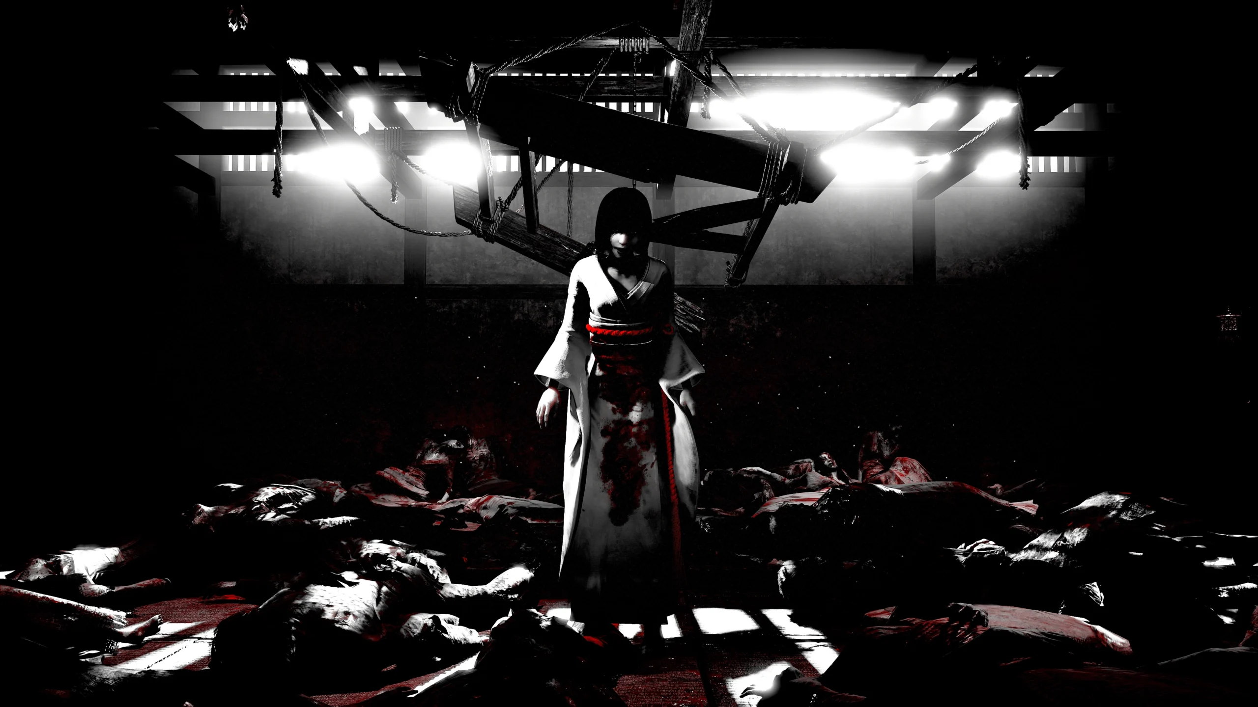 A ghostly figure in a white kimono stands amid fallen bodies in a dimly lit, eerie room