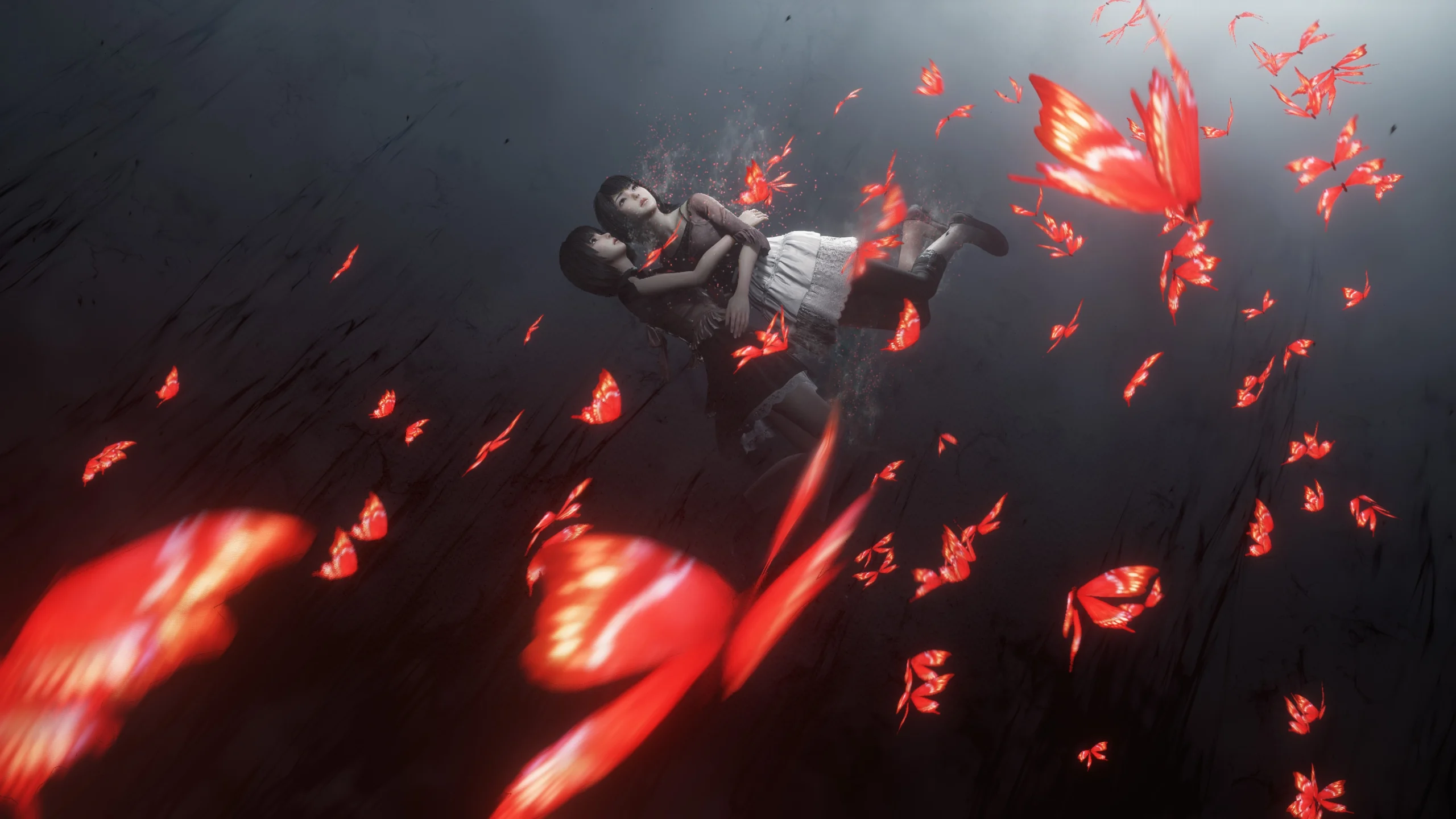 Two characters floating surrounded by glowing red butterflies in a dark, atmospheric setting