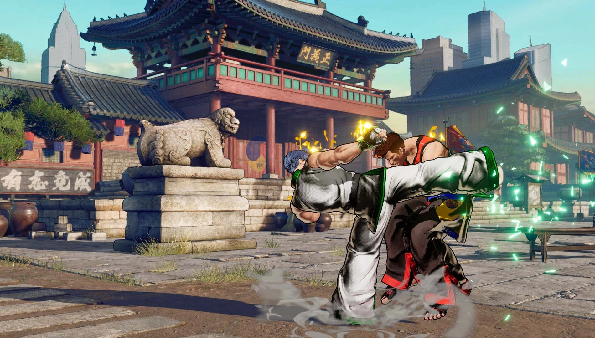 Kim Jae Hoon executes a powerful kick against an opponent in a vibrant cityscape from Fatal Fury: City of the Wolves