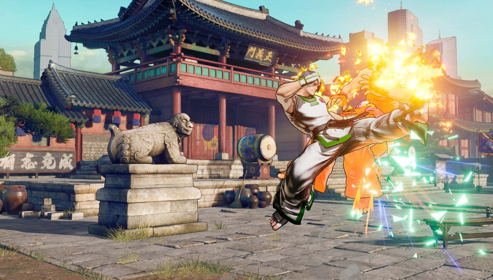Kim Jae Hoon performing a fiery kick in a traditional courtyard, showcasing dynamic action in Fatal Fury Season 2