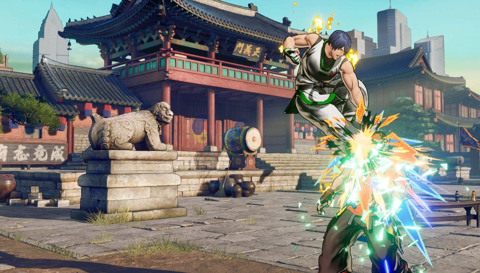 Kim Jae Hoon performs a dynamic kick in a traditional courtyard, showcasing his martial arts prowess