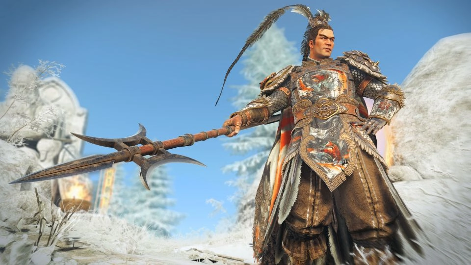 Warrior in ornate armor holding a polearm, standing confidently in a snowy landscape under a clear sky