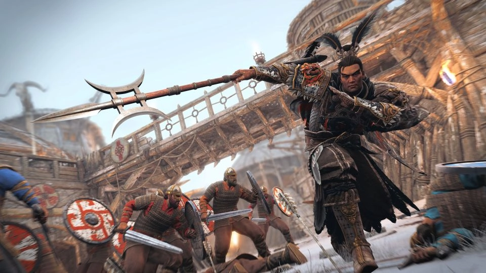 Warrior wielding a polearm charges into battle, surrounded by armored soldiers in a medieval setting