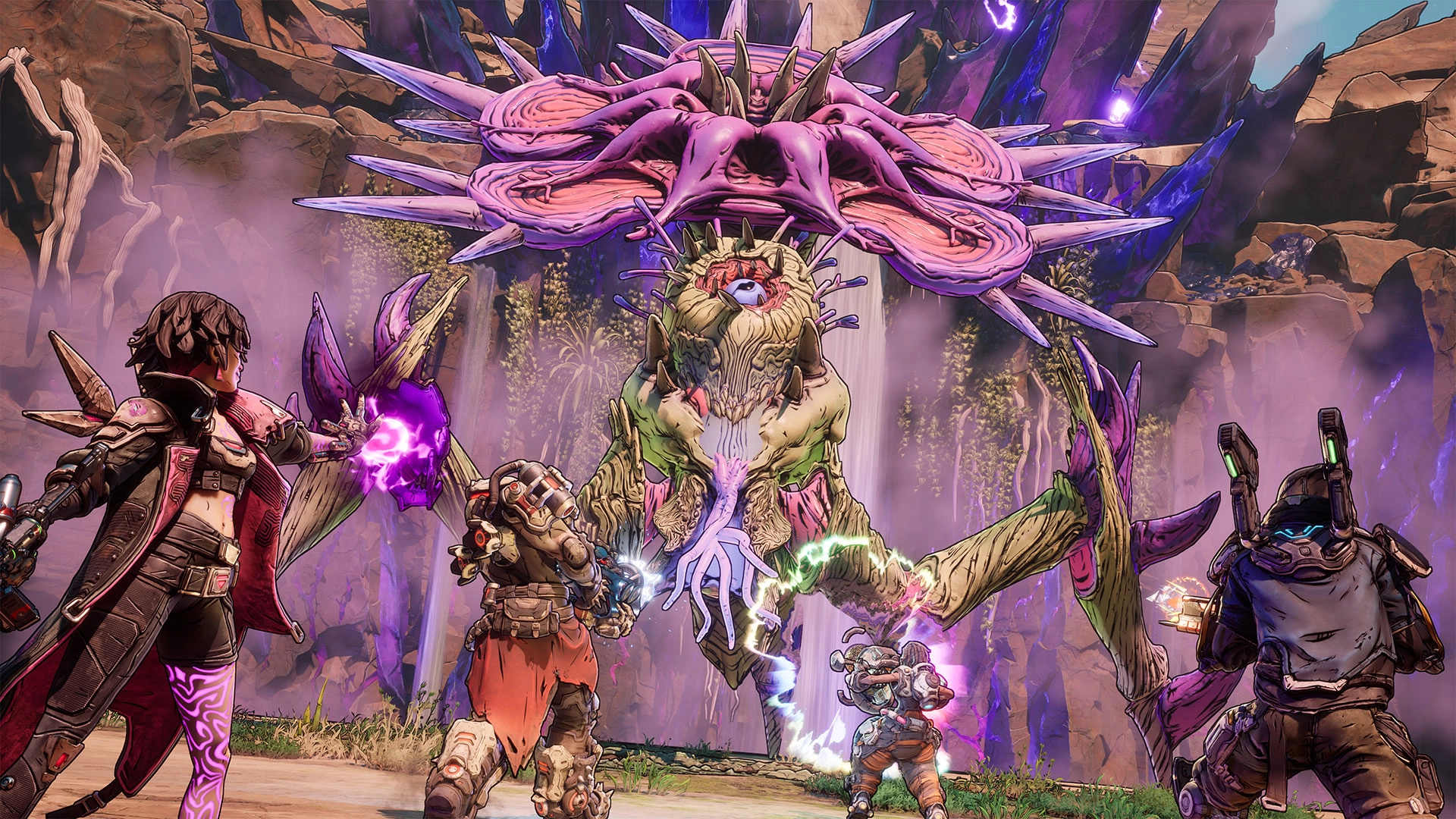 Four Vault Hunters battle Bloomreaper the Invincible, a massive plant-like raid boss in Borderlands 4