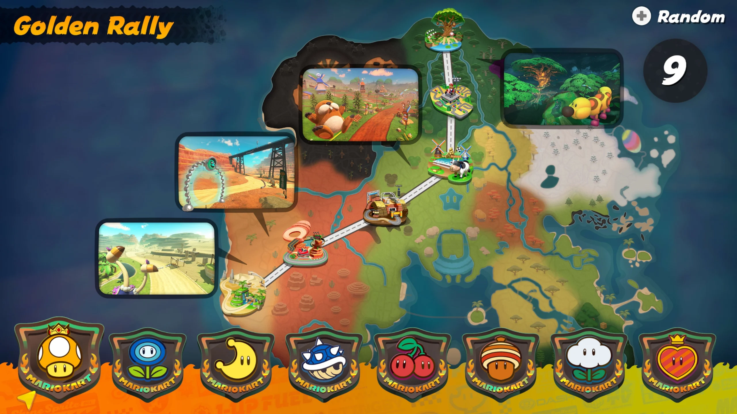Map of Mario Kart World showing various race tracks and icons for team selection in Knockout Tour mode