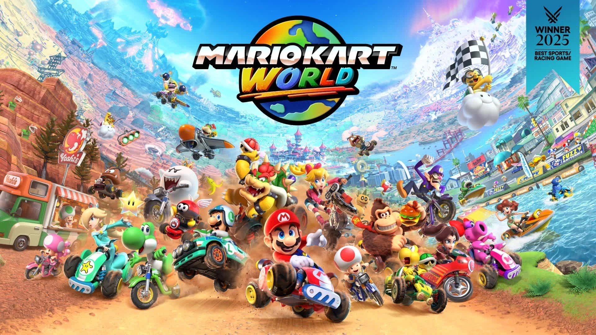 Colorful Mario Kart World characters racing on diverse tracks, showcasing dynamic team competition