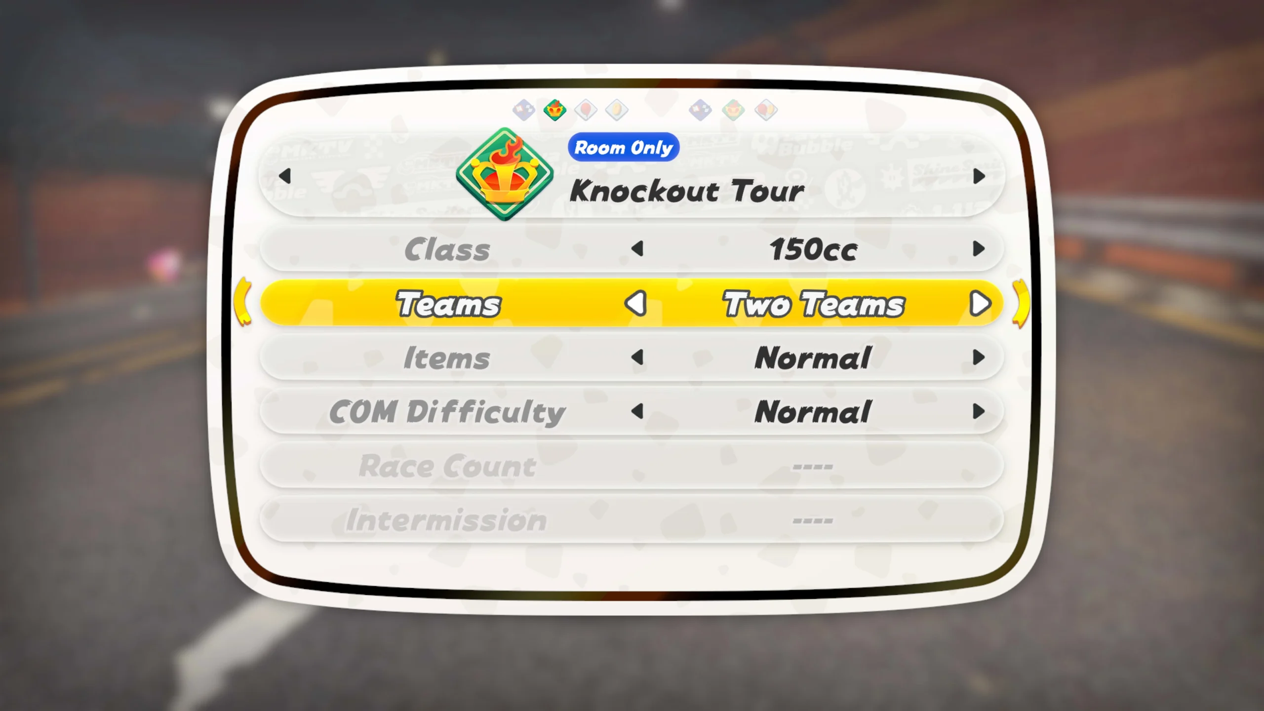 Knockout Tour menu screen showing options for class, teams, items, and difficulty in Mario Kart World
