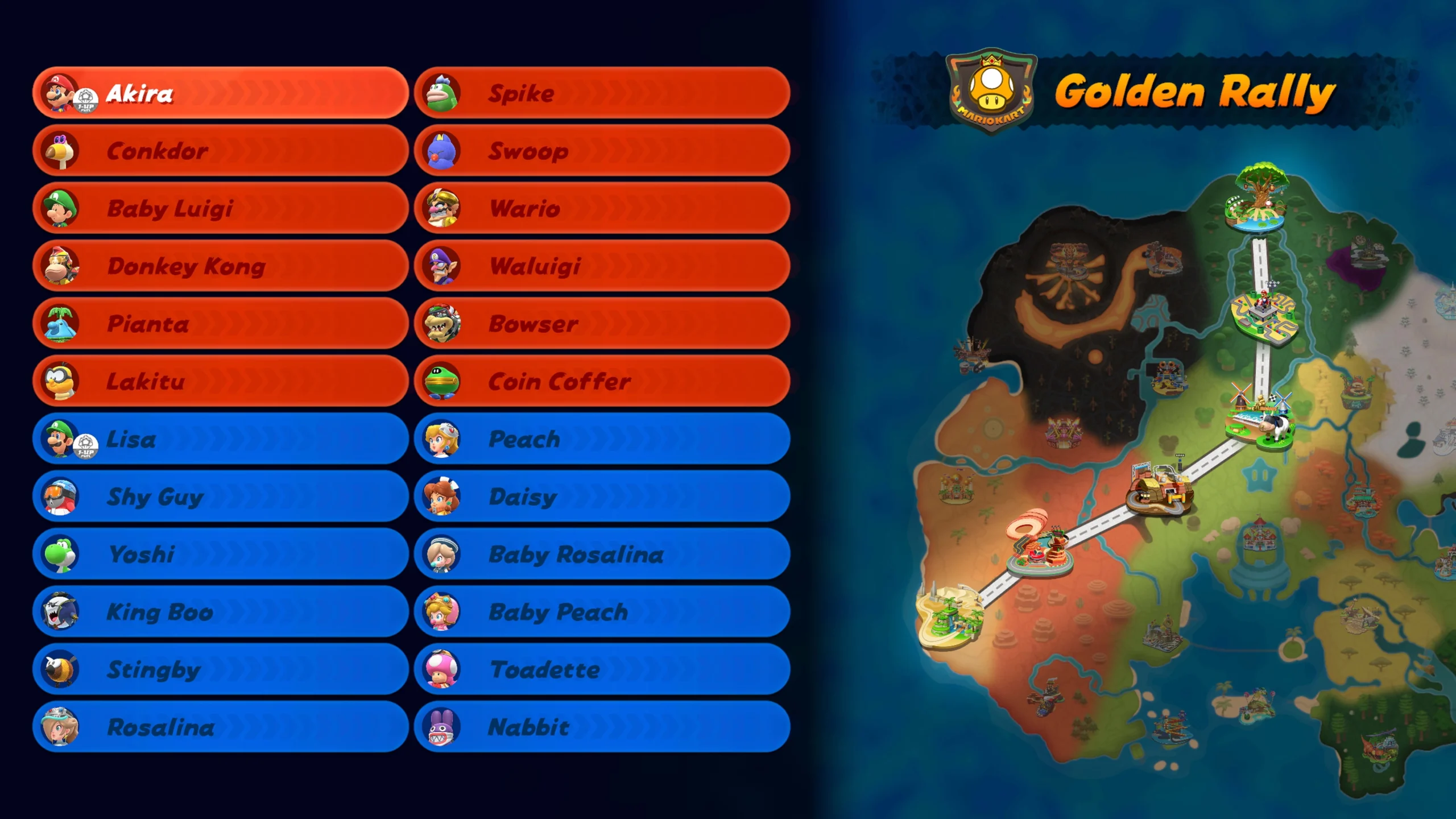Scoreboard showing two teams of drivers in a Mario Kart World Knockout Tour race on a colorful map