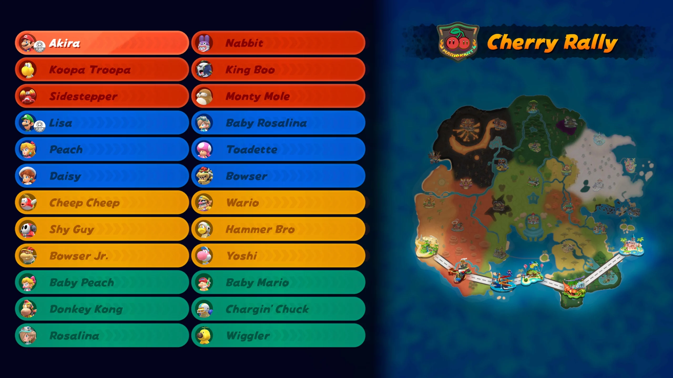 Game screen showing team standings and map for Cherry Rally in Mario Kart World on Nintendo Switch 2