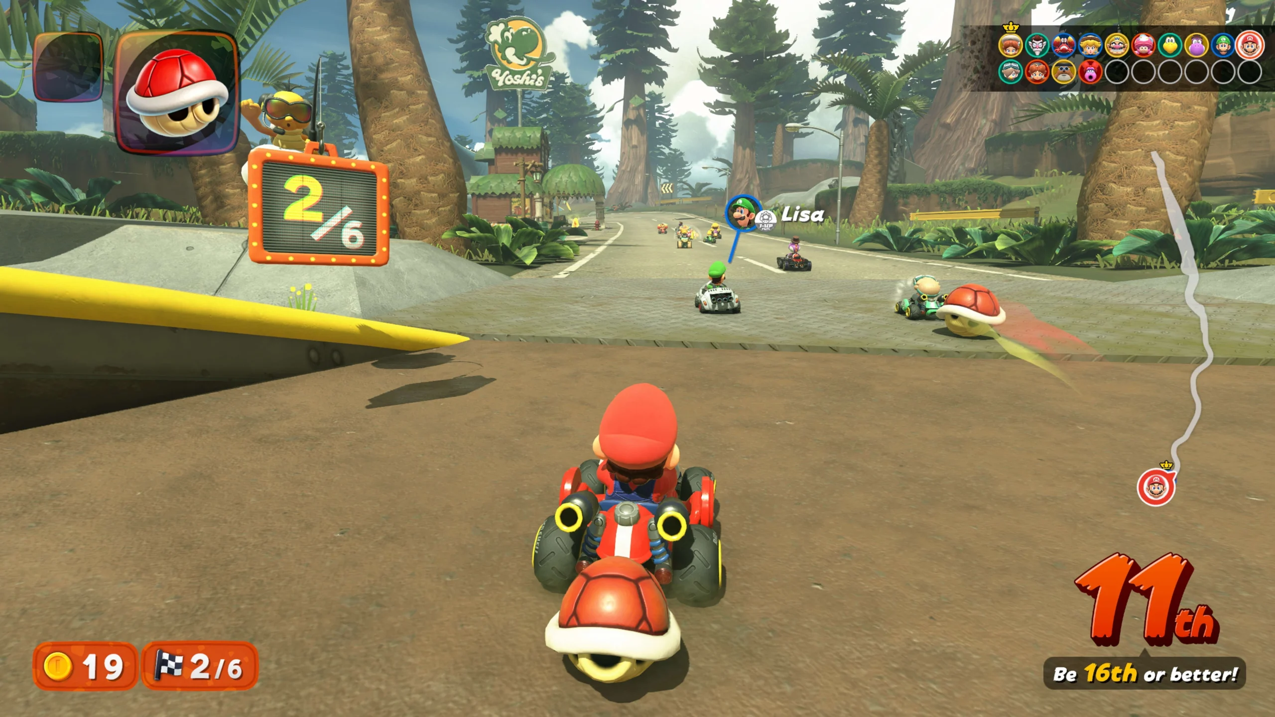 Mario racing in a jungle-themed track, aiming to clear the 2/6 checkpoint in a Knockout Tour race